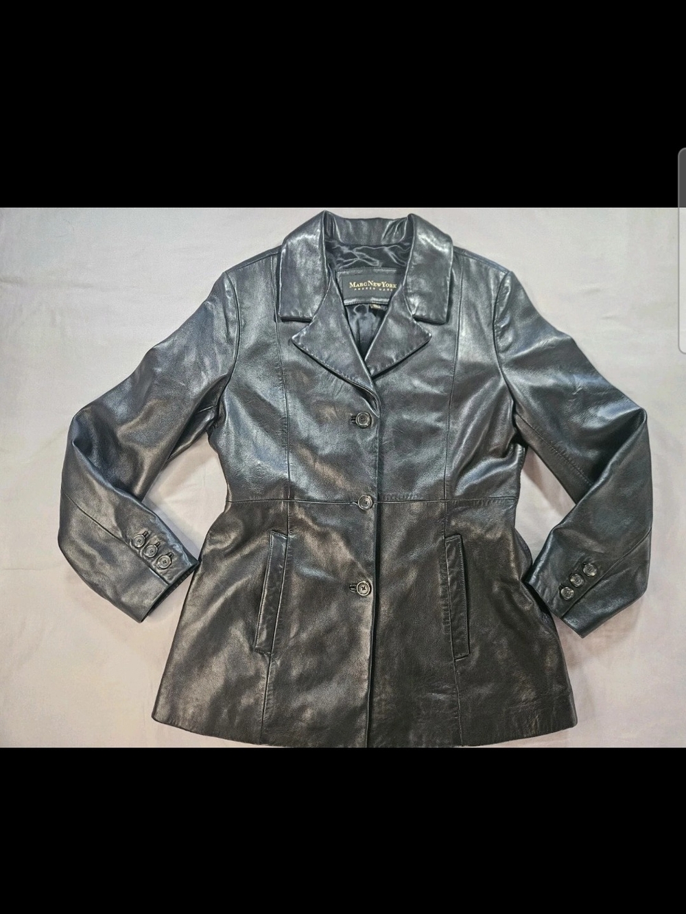 Jones New York Black Leather Notched-Collar Button Jacket / Blazer